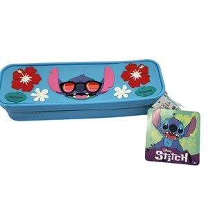 Disney Stitch Pencil Case Box With Zipper Closure & Flower Design Blue